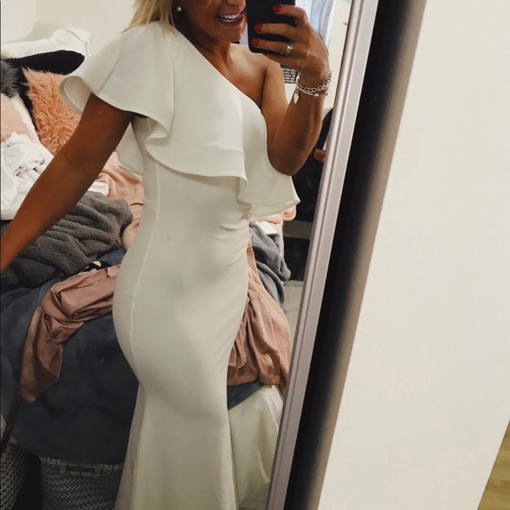 White ruffle maxi dress one shoulder lulus